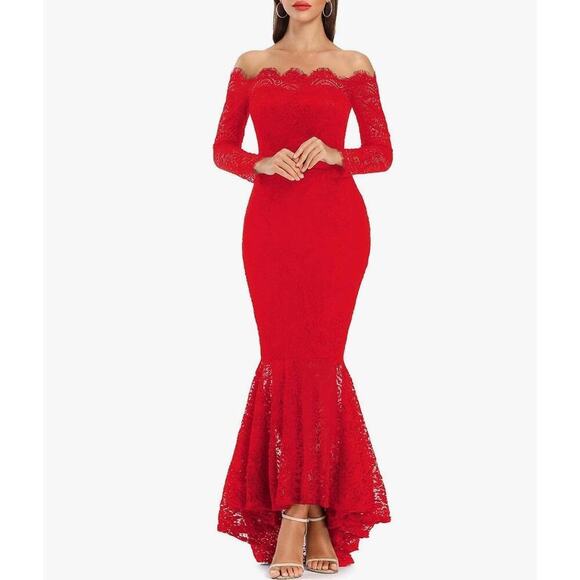 Womens Lace Maxi Dress XL Red Floral Fishtail Gown Hoco Prom Mermaid Cocktail - Picture 1 of 16